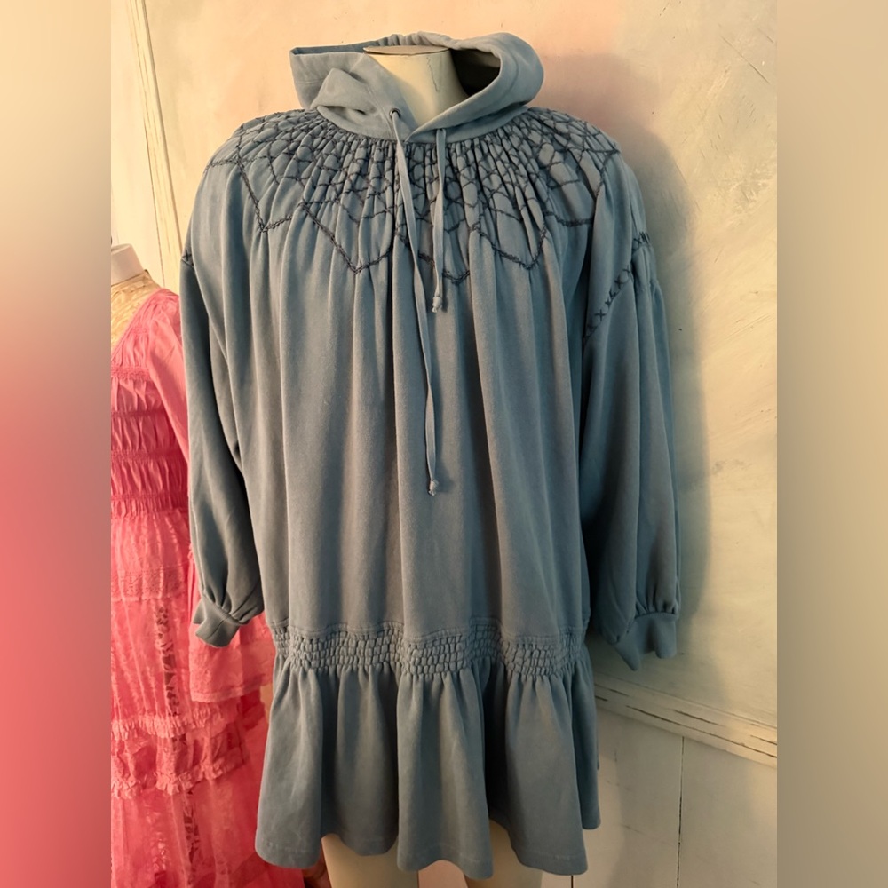 Free People BLUE Smocked Yoke Long Sleeve Mini Dress
